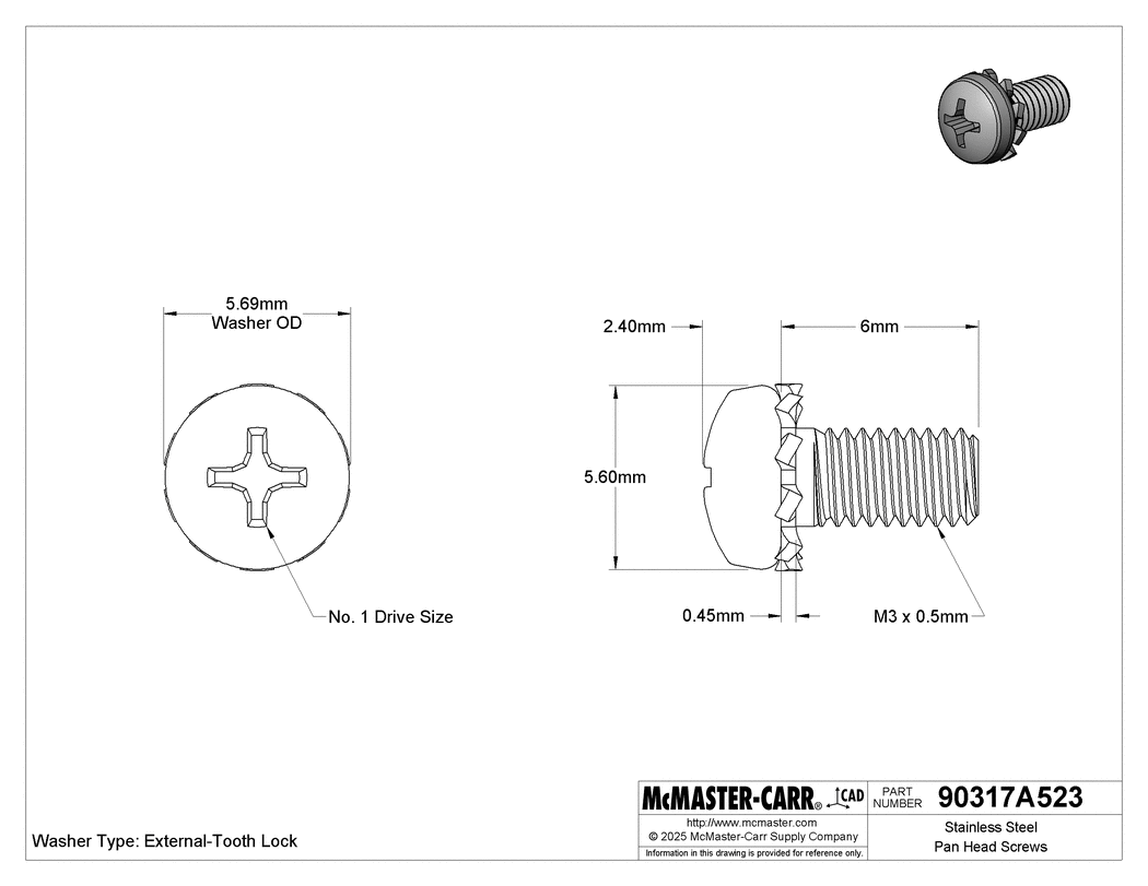 Technical Drawing of Stainless Steel Pan Head Screws, with External-Tooth Washer, M3 x 0.5 mm Thread, 6 mm Long.
